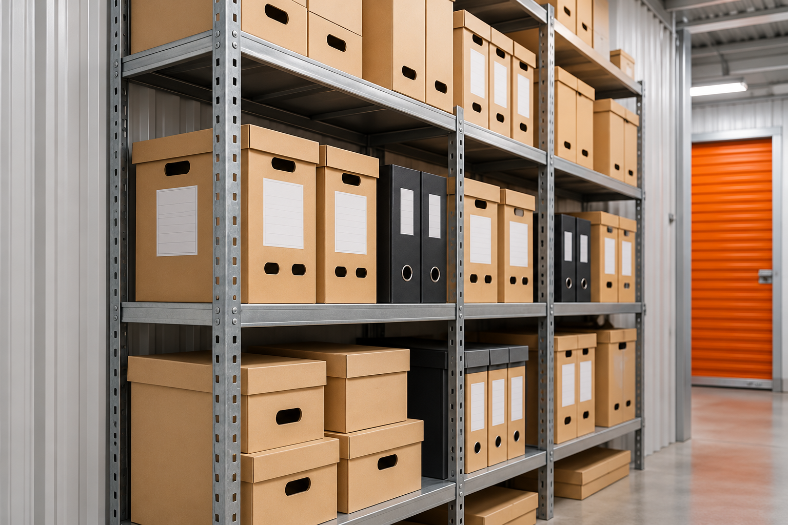 Archivo industrial ordenado con estanterías metálicas