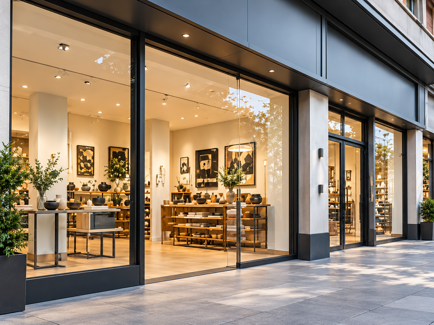 Boutique moderna con escaparates y vegetación