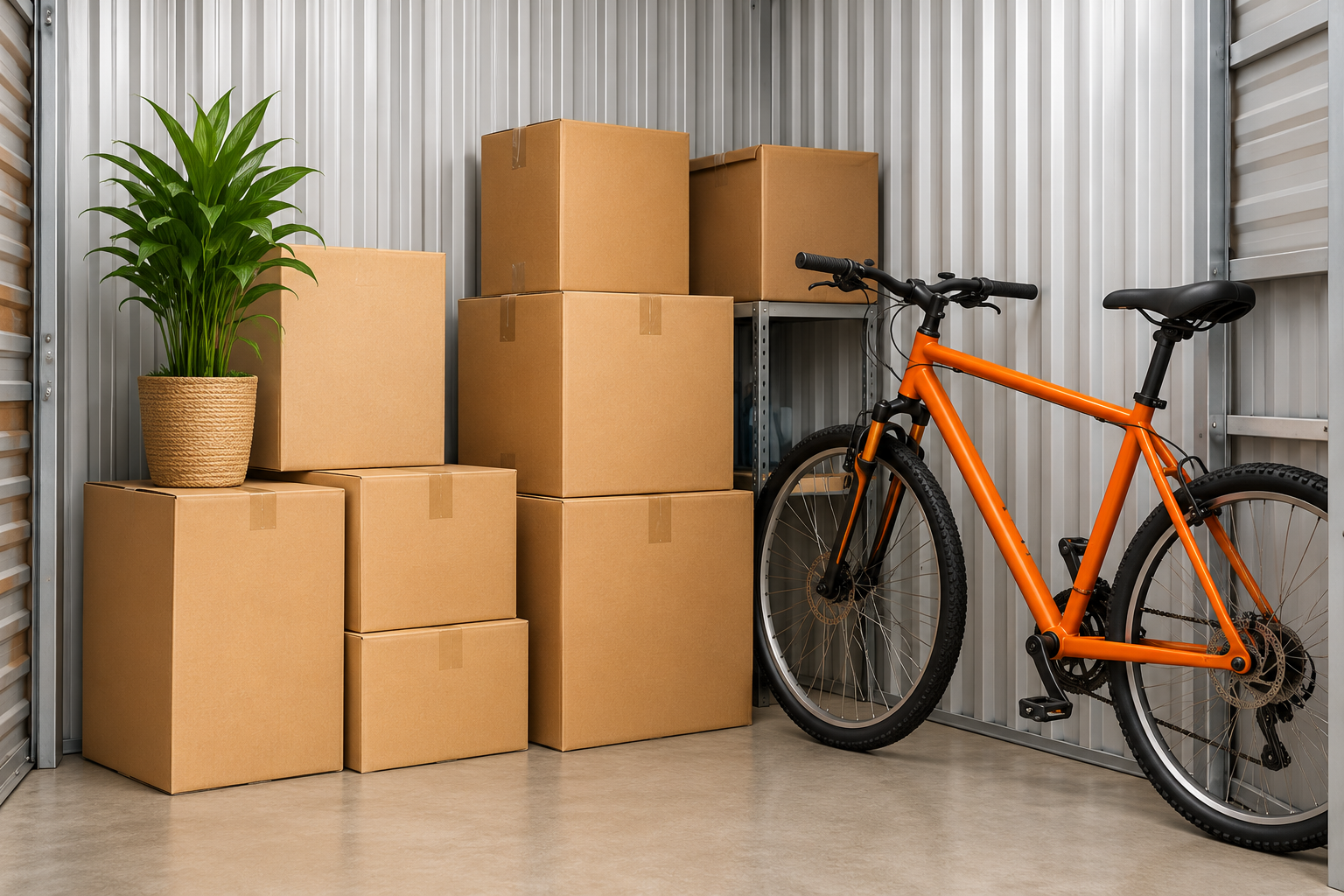 Trastero con bicicleta naranja y cajas