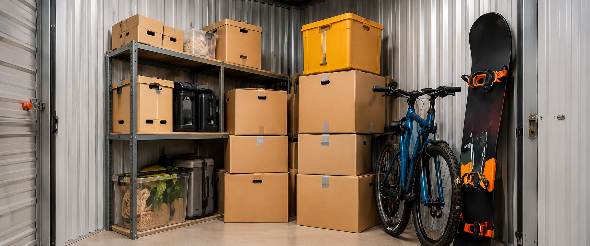 Trastero organizado con bicicleta y snowboard